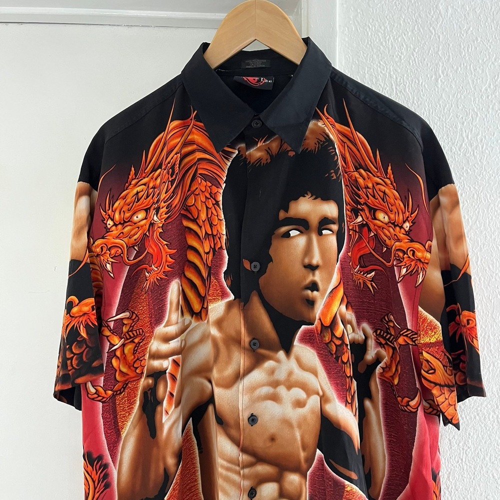 Vintage Y2K Bruce Lee Enter The Dragon AOP Button Up‎ Shirt Mens Large Graphic